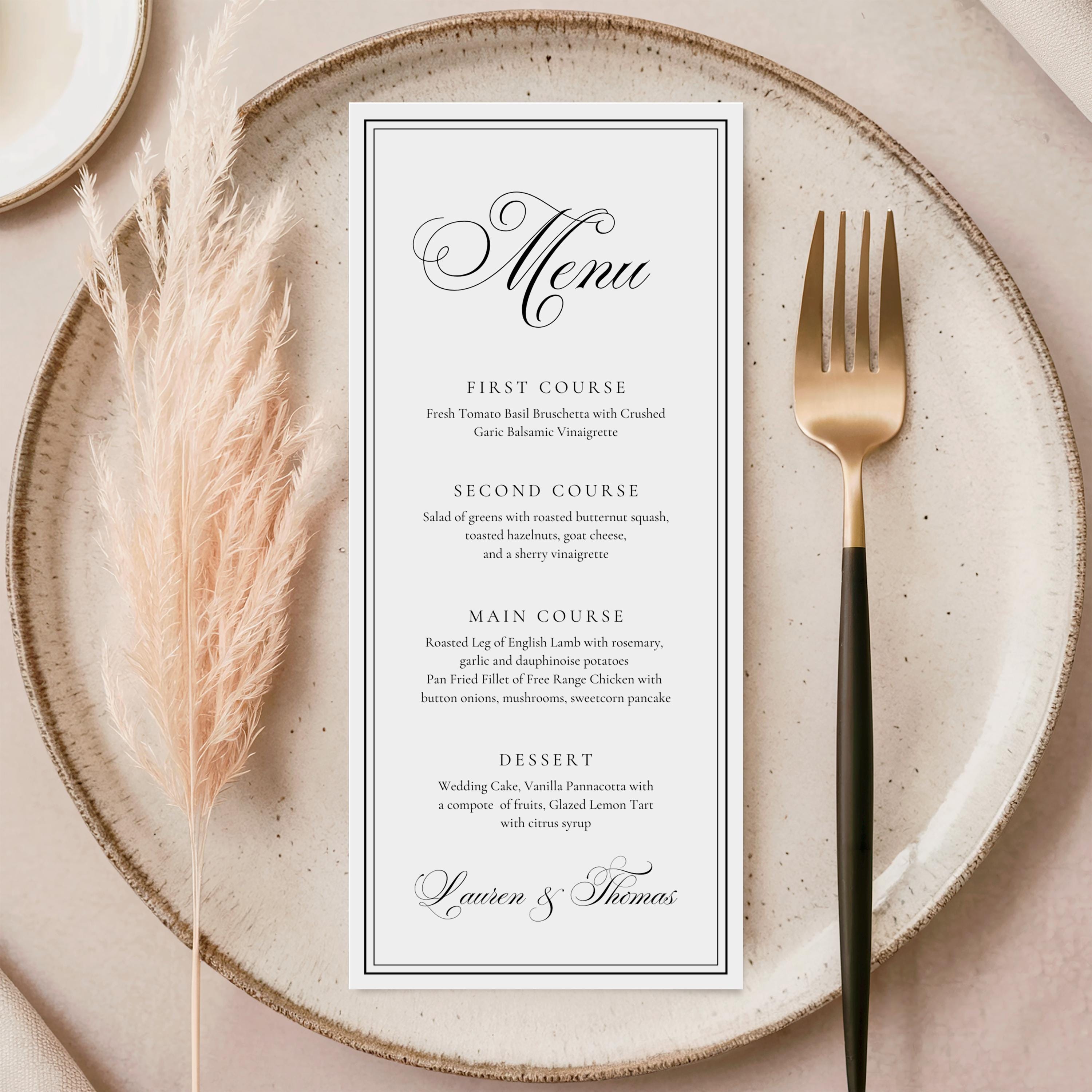 Elegant Wedding Menu Template, Formal Dinner Menu, Classic Black ...
