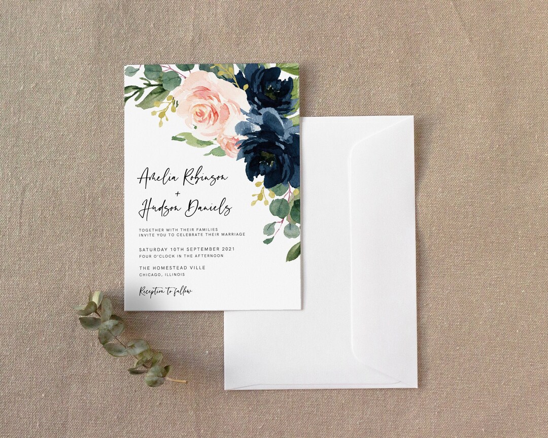 Wedding Invitation Template, Navy and Blush Pink, Floral, Pink Blush ...