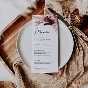 Szablon menu Pampas, Burgundowa trawa Pampas, Boho, Boho, Wydrukuj kartę menu kolacji weselnej, 100% edytowalne, NATYCHMIASTOWE POBIERANIE, 26