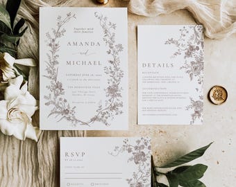 Fine Art Wedding Invitations Set Template,  French Wedding Invites, Floral Wreath Beige Wedding Invitation Suite, Vintage Wedding Cards, 139