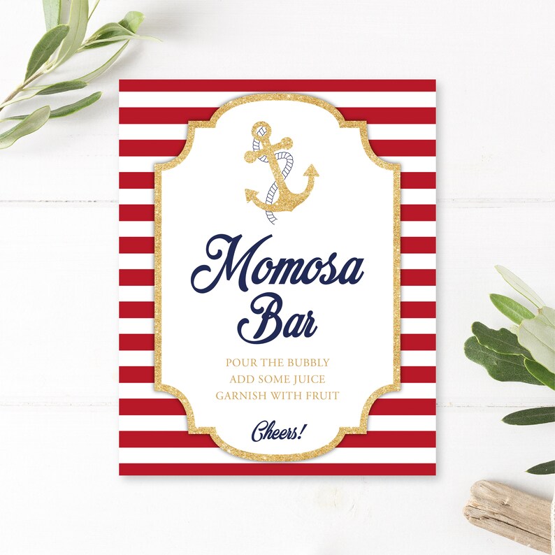 Nautical Baby Shower Momosa Bar Sign , Baby Shower Boy, Dont Say Baby Game Sign, Digital Download, Nautical, Games Anchor, Navy, Gold, Red image 2