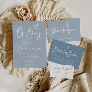 Modello di invito per baby shower Oh Boy, baby shower blu per bambini, pannolino, libro, baby shower fai da te, baby shower moderno, modificabile, 41F