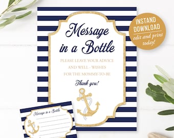 Nautical Baby Shower Messages Anchor Message in a Bottle Sign Boy Baby Shower Navy Baby Shower Decorations  Games Blue Striped Decor