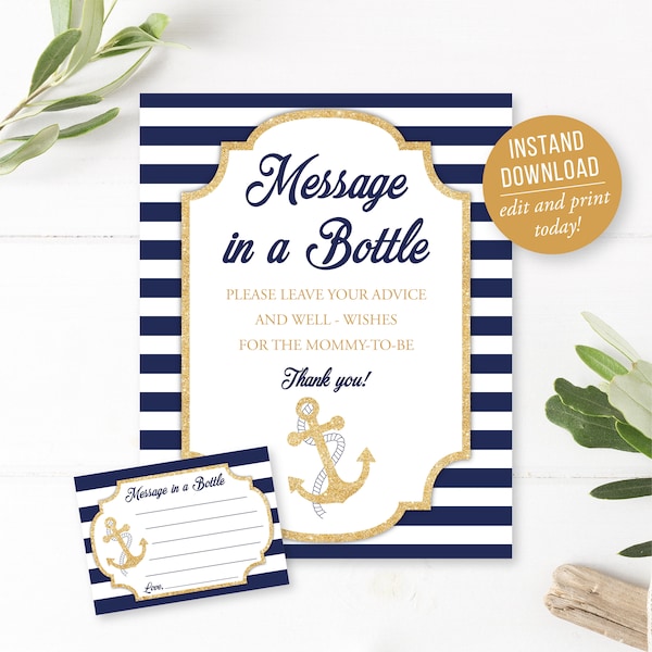 Nautical Baby Shower Messages Anchor Message in a Bottle Sign Boy Baby Shower Navy Baby Shower Decorations  Games Blue Striped Decor