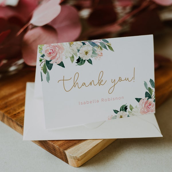 Floral Blush Thank You Card Template, Bridal Shower Thank You, Shower Thank You Folded Card, Note Card, Instant Download, 024