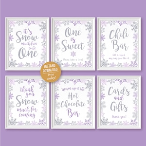 Winter ONEderland Signs Set, Winter Wonderland Party Sign, Purple and Silver First Birthday Sign Purple Printable PDF Files INSTANT DOWNLOAD