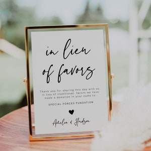 Modelo de placa "Em vez de favores", placa moderna para doação de casamento, minimalista, placa editável para cartão de caridade, placa para chá de bebê para impressão faça você mesmo, 003