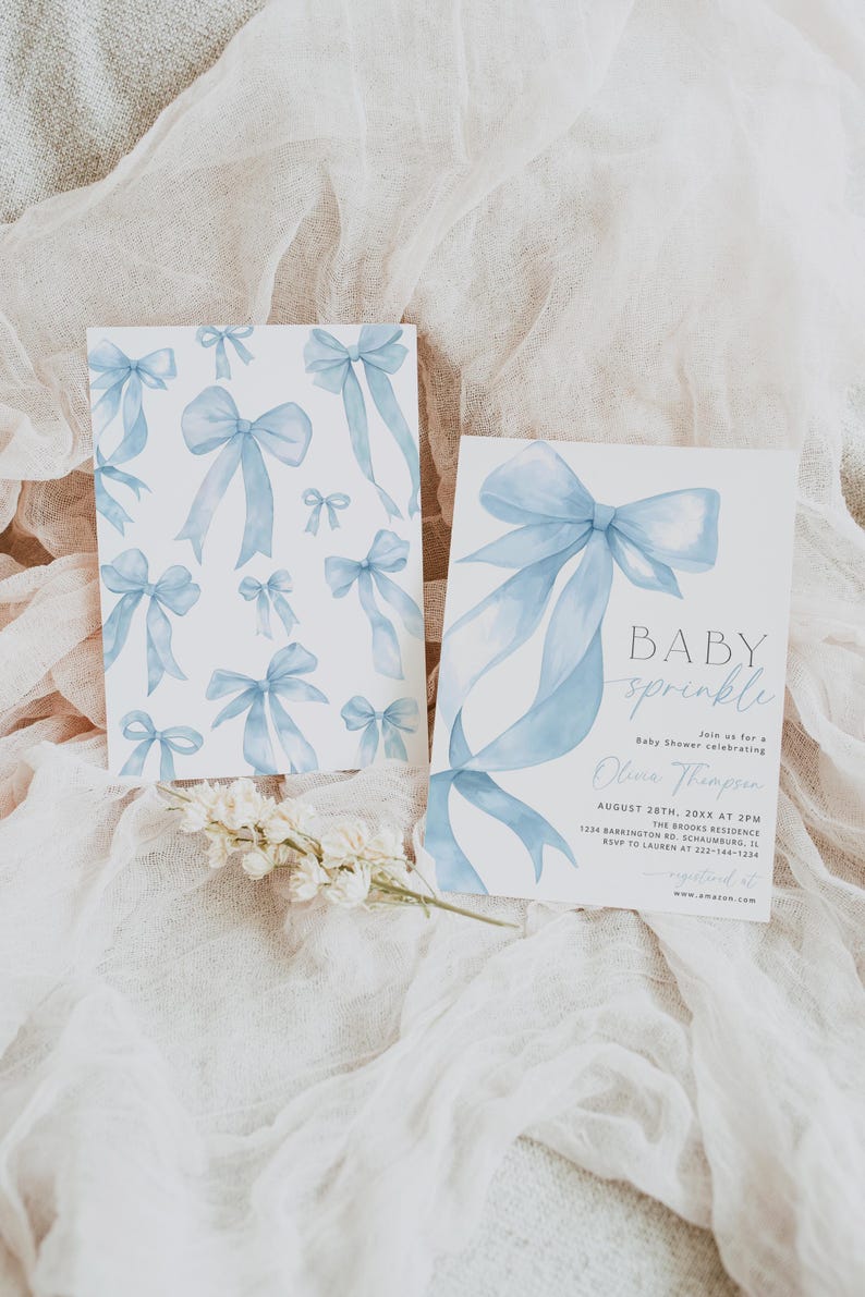 May include: Two baby shower invitations with a watercolor bow design. One card features multiple bows, while the other has a large bow with the text "BABY sprinkle" and event details. Soft blue and white color scheme.