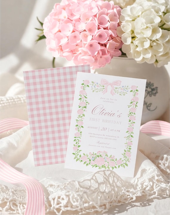 Floral Birthday Invitation, Pink Gingham, Grandmillennial Style, Hydrangea (Digital Download) Canva, 166