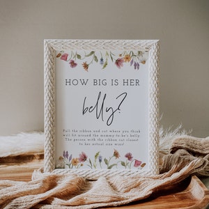 Juego de &quot;¿Qué tan grande es su barriga?&quot;, Juego de baby shower con flores silvestres, Letrero de &quot;¿Qué tan grande es la barriga de mamá?&quot;, Boho, Descarga, Templett, Editable, 55
