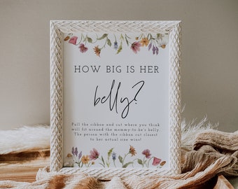 How Big Is Her Belly Game, Wildflower Baby Shower Game, How Big Is Mommy's Belly Sign, Boho, Download, Templett, Editable, 55