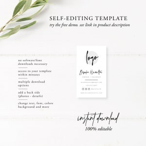 May include: A white business card template with a black circle and the text "logo" in a handwritten font. The text "Brooke Hamilton" is below the logo, followed by "OWNER | FOUNDER". The business card also includes contact information, including an email address, phone number, and social media handles. The text "instant download" and "100% editable" is below the business card.