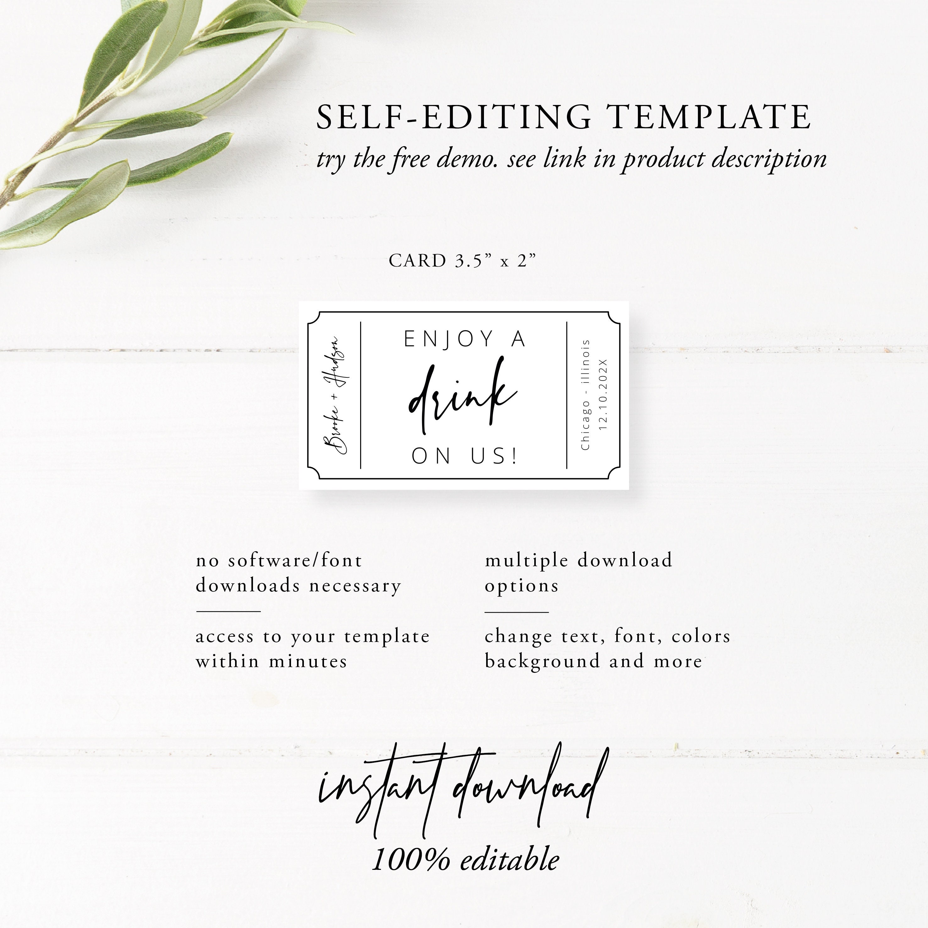 Modern Wedding Drink Ticket Template Minimal Wedding Drink Etsy