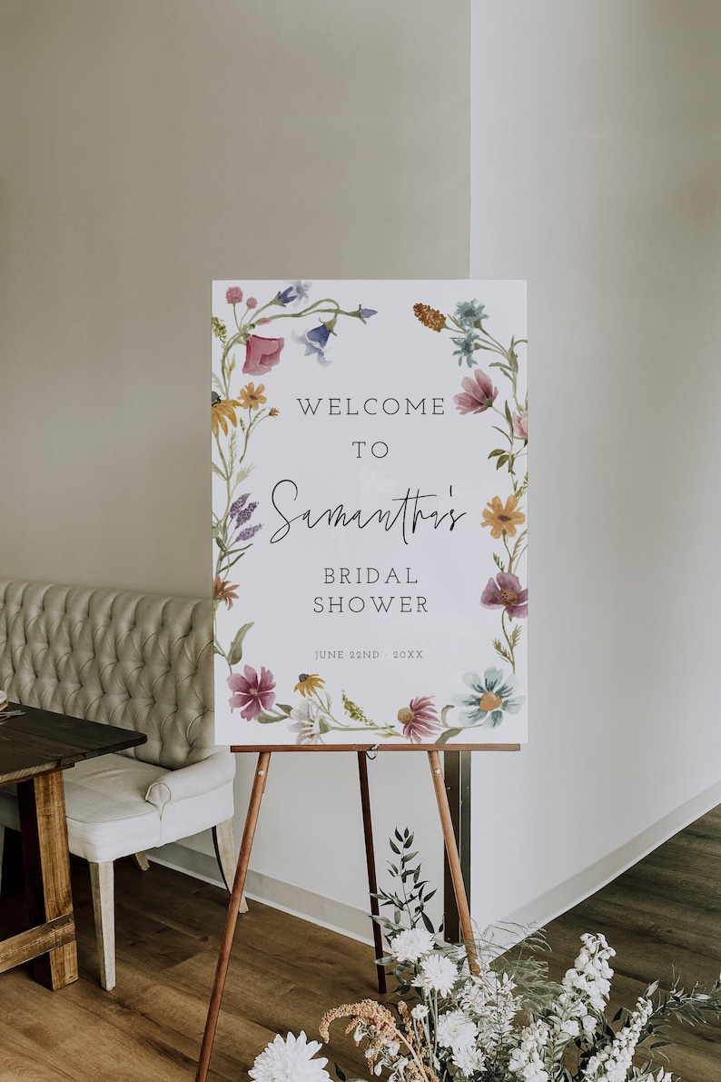 Modèle de plaque de bienvenue pour la douche nuptiale de fleurs sauvages, douche nuptiale de fleurs sauvages, signe floral, signe de mariée floral, téléchargement, modifiable, Boho, 55 image 1