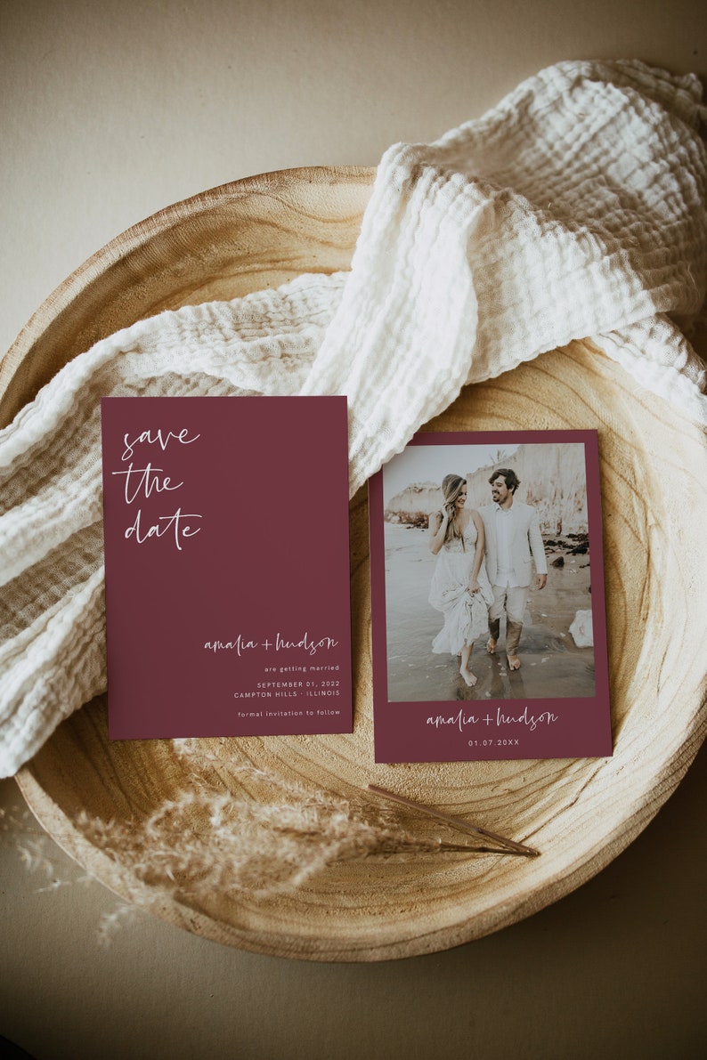 Burgunderrote Foto-Save-the-Date-Vorlage, Verlobungsfoto-Save-the-Dates, Boho-Save-the-Date mit Bildern, DOWNLOAD, bearbeitbar, Marineblau, 43 Bild 2