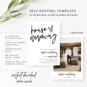 May include: Editable housewarming party invitation template with black text on a white background. The text says "house warming" with a heart symbol. The template includes a sample invitation for a backyard party with the text "Join us for a backyard party at Brooke and Dorsey - new home!" and details about the party. The template also includes a sample back side with a photo of a house and the text "Brooke and Dorsey 20.06.20XX".