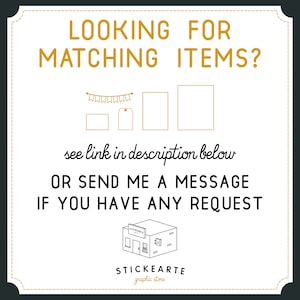 May include: A white graphic with black text that says "LOOKING FOR MATCHING ITEMS?" with a string of flags, a rectangle, a tag, and another rectangle. The text below says "see link in description below OR SEND ME A MESSAGE IF YOU HAVE ANY REQUEST". The bottom of the graphic has a black and white illustration of a store with the text "STICKEARTE graphic store".