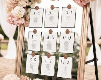Alphabetical Seating Chart Cards Template, Elegant Wedding Mirror Seating Arrangement 5x7 & 4x6, Old Money Wedding Seating, Canva, 145