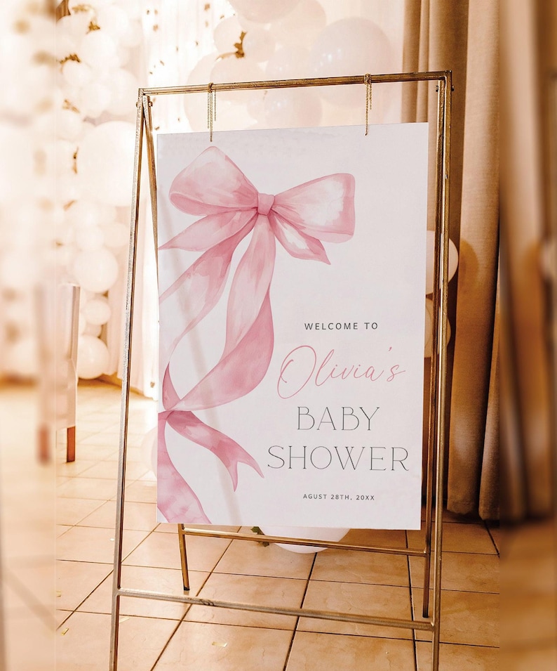 Pink Bow Welcome Sign, Pink Bow Baby Shower Welcome Sign Printable ...