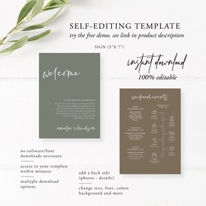 May include: A printable wedding sign template with a green welcome sign and a brown weekend events sign. The welcome sign says "Welcome to our wedding celebration" and has the names "amalia + hudson". The weekend events sign has a timeline of events for Friday, Saturday, and Sunday. The text says "instant download 100% editable".
