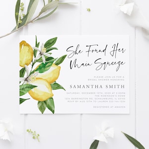 She Found Her Main Squeeze Bridal Shower Invitation with Lemon Citrus Watercolor, Instant Download, Printable, Editable Template