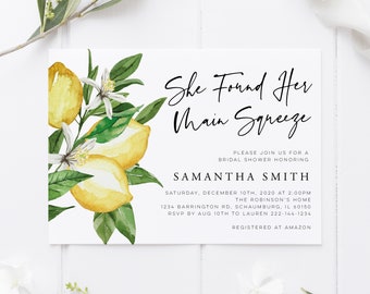 She Found Her Main Squeeze Bridal Shower Invitation with Lemon Citrus Watercolor, Instant Download, Printable, Editable Template