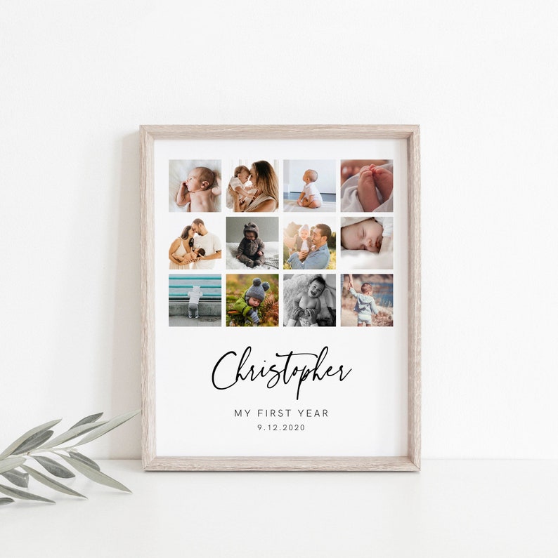 First Year Photo Collage Template, 12 Month Photo Collage, 1st Birthday Collage, Modern, Minimalist, Download, Editable, Templett 