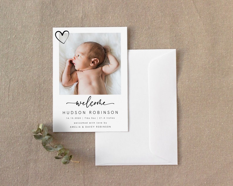 Birth Announcement, Photo Baby Announcement Card, Newborn, Welcome, Minimalist, Editable Template, Printable, Instant Download, Templett imagem 1