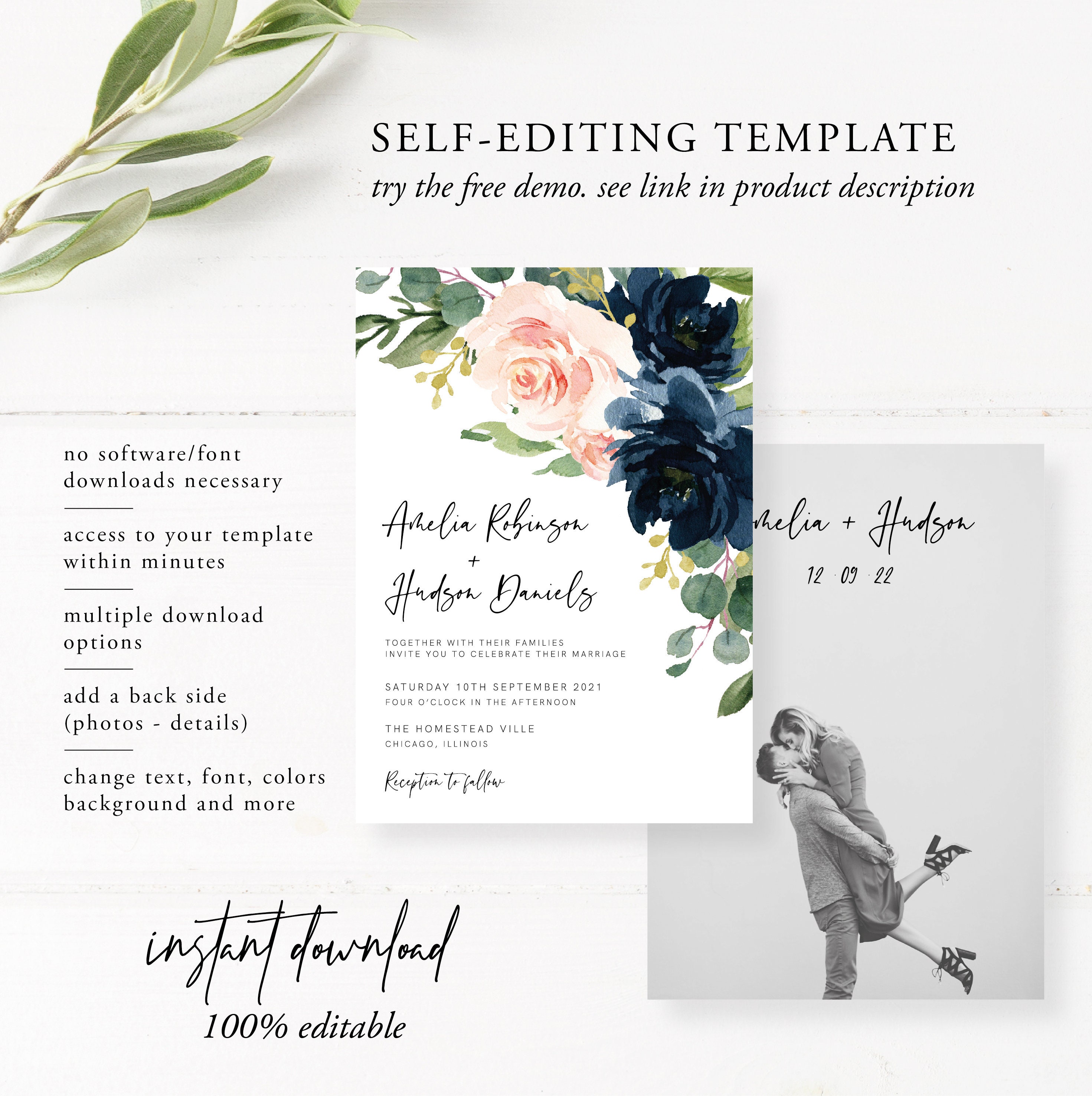 Wedding Invitation Template Navy and Blush Pink Floral Pink - Etsy