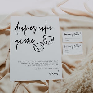 Zgadnij ile pieluch jest w grze „tort pieluchowy” i kartach, gra na baby shower, nowoczesna, minimalistyczna, natychmiastowa, edytowalna, szablon, 41