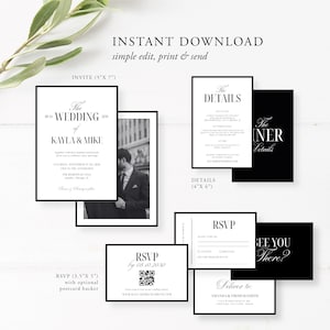 May include: A collection of black and white wedding invitation cards. The invitation suite includes an invite, details, RSVP, and dinner details cards. The text includes "The Wedding of Kayla & Mike" and "RSVP by 08.10.2020".