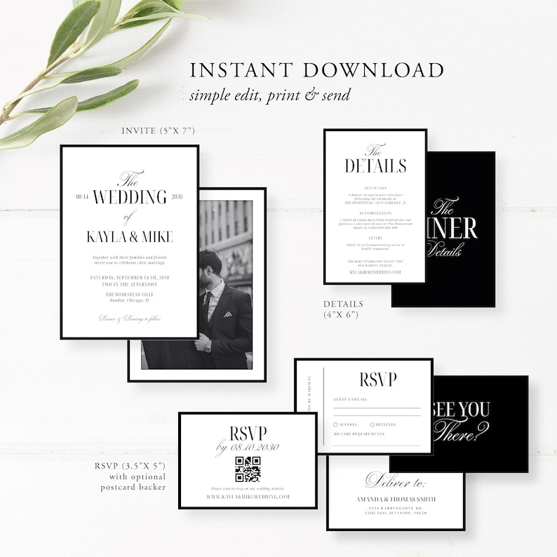 May include: A collection of black and white wedding invitation cards. The invitation suite includes an invite, details, RSVP, and dinner details cards. The text includes "The Wedding of Kayla & Mike" and "RSVP by 08.10.2020".
