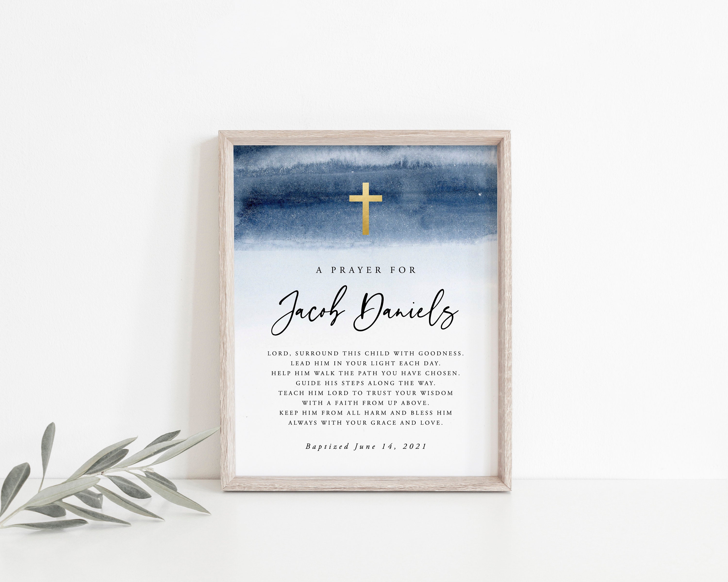 Baptism Prayer Sign Template, Personalized Prayer Sign, Editable Baptism Gift, Baptism Sign, Blue Watercolor Baptism, Instant Download