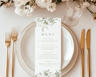 Plantilla de menú de boda floral vintage verde, menú imprimible verde oliva, menú editable, menú de cena verde musgo, Canva editable, 139