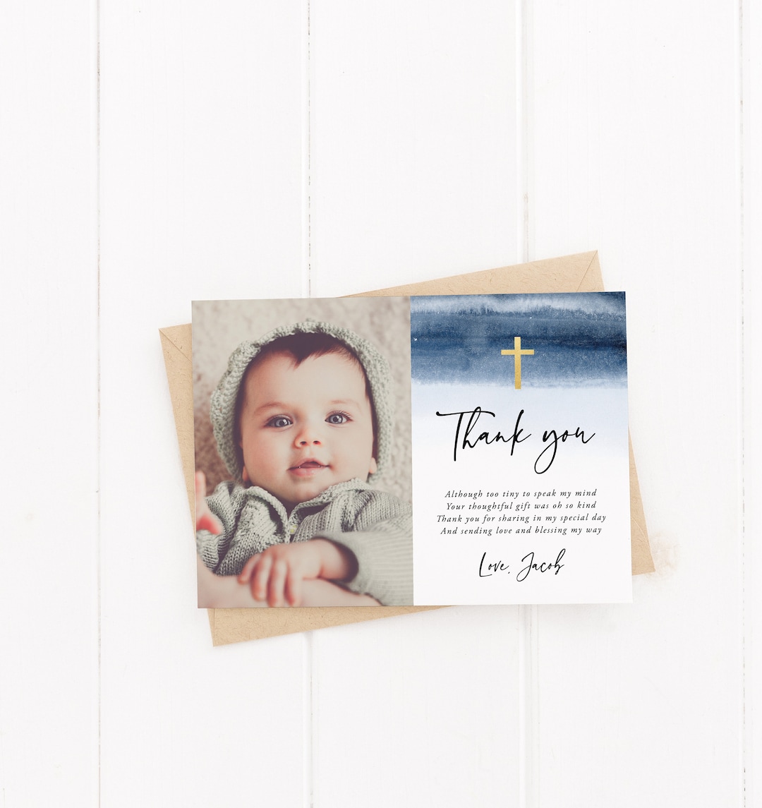 Baptism Thank You Card, Blue Baptism, Baptism Thank You, Christening