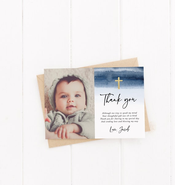 Baptism Thank You Card Blue Baptism Baptism Thank You Etsy