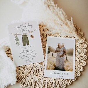 May include: A baby shower invitation with the text "A sweet baby boy is on the way!" and a photo of a couple. The invitation includes details for Isabella Thompson's baby shower, with a date of October 17th.