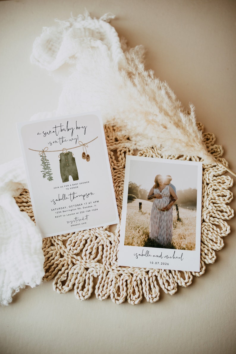 May include: A baby shower invitation with the text "A sweet baby boy is on the way!" and a photo of a couple. The invitation includes details for Isabella Thompson's baby shower, with a date of October 17th.