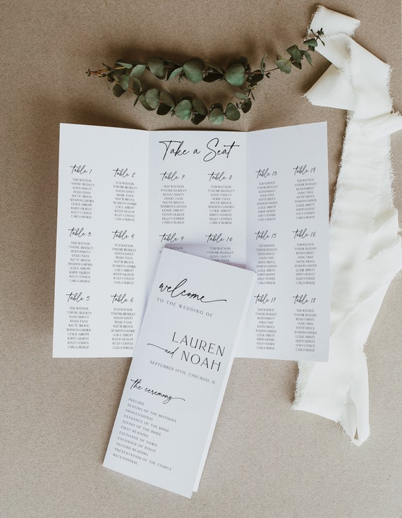 Trifold Wedding Program Template with Wedding Seating Chart, Wedding Ceremony Program Foldable, Modern Program Wedding Day Timeline, 89