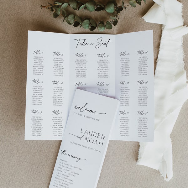 Trifold Hochzeitsprogramm Vorlage mit Sitzplan für Hochzeiten, Hochzeitszeremonie Programm faltbar, Modernes Programm Hochzeitstag Timeline, 89