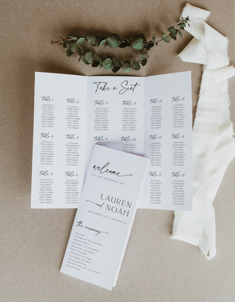 May include: A white wedding seating chart with black text. The chart is divided into sections with table numbers and guest names. The top section reads "Take a Seat". The bottom section reads "Welcome to the Wedding of Lauren and Noah, September 10th, Chicago, IL. The Ceremony". The ceremony details are listed below.
