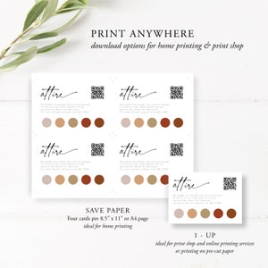 K&ouml;nnte beinhalten: Vier druckbare Karten mit dem Text "attire" und einer Farbpalette in Beige, Braun und Rot. Die Karten sind f&uuml;r eine Hochzeit oder ein anderes besonderes Ereignis konzipiert und enthalten einen QR-Code f&uuml;r weitere Informationen. Der Text "SAVE PAPER" befindet sich unter den Karten und zeigt an, dass vier Karten auf ein einzelnes Blatt Papier im Format 8,5 x 11 Zoll gedruckt werden k&ouml;nnen. Der Text "1-UP" befindet sich unter den Karten und zeigt an, dass eine Karte auf ein einzelnes Blatt Papier gedruckt werden kann.