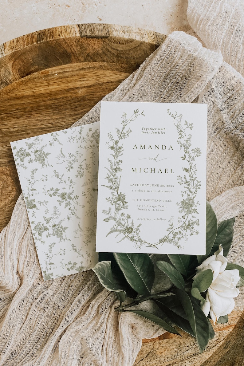 Sage Green Floral Wedding Invitation Suite: Vintage French Roses ...