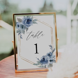 Dusty Blue Table Number Card Template, Dusty Blue Wedding Table Number, Gold, Editable, INSTANT DOWNLOAD, Templett, DIY, 06