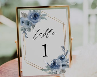 Dusty Blue Table Number Card Template, Dusty Blue Wedding Table Number, Gold, Editable, INSTANT DOWNLOAD, Templett, DIY, 06