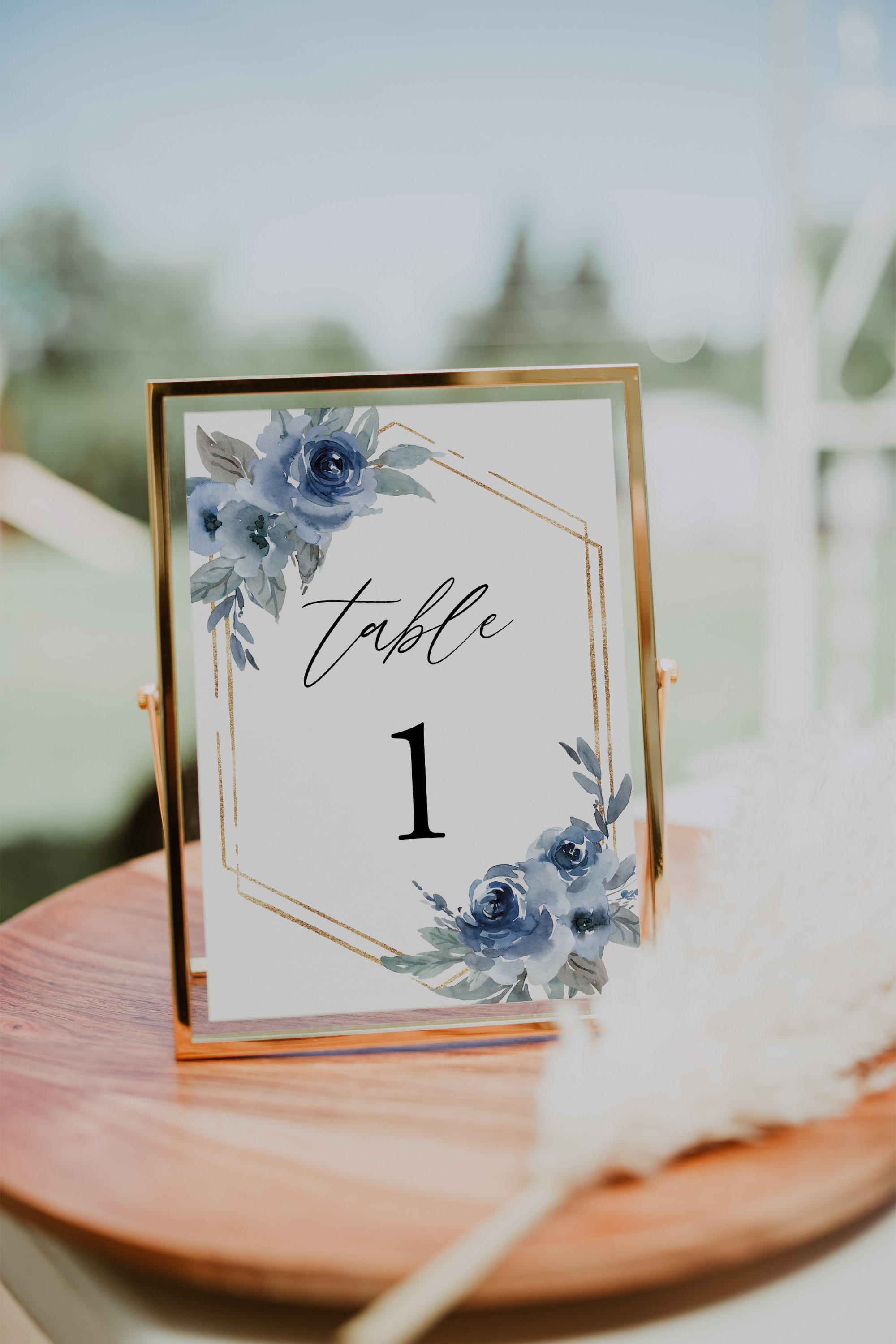 Dusty Blue Table Number Card Template, Dusty Blue Wedding Table Number, Gold, Editable, INSTANT DOWNLOAD, Templett, DIY, 06