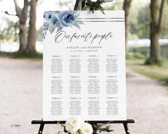 Dusty Blue Seating Chart Poster, Printable Wedding Seating Sign, Silver Dusty Blue Floral Wedding, Instant Download, Editable Template, 06