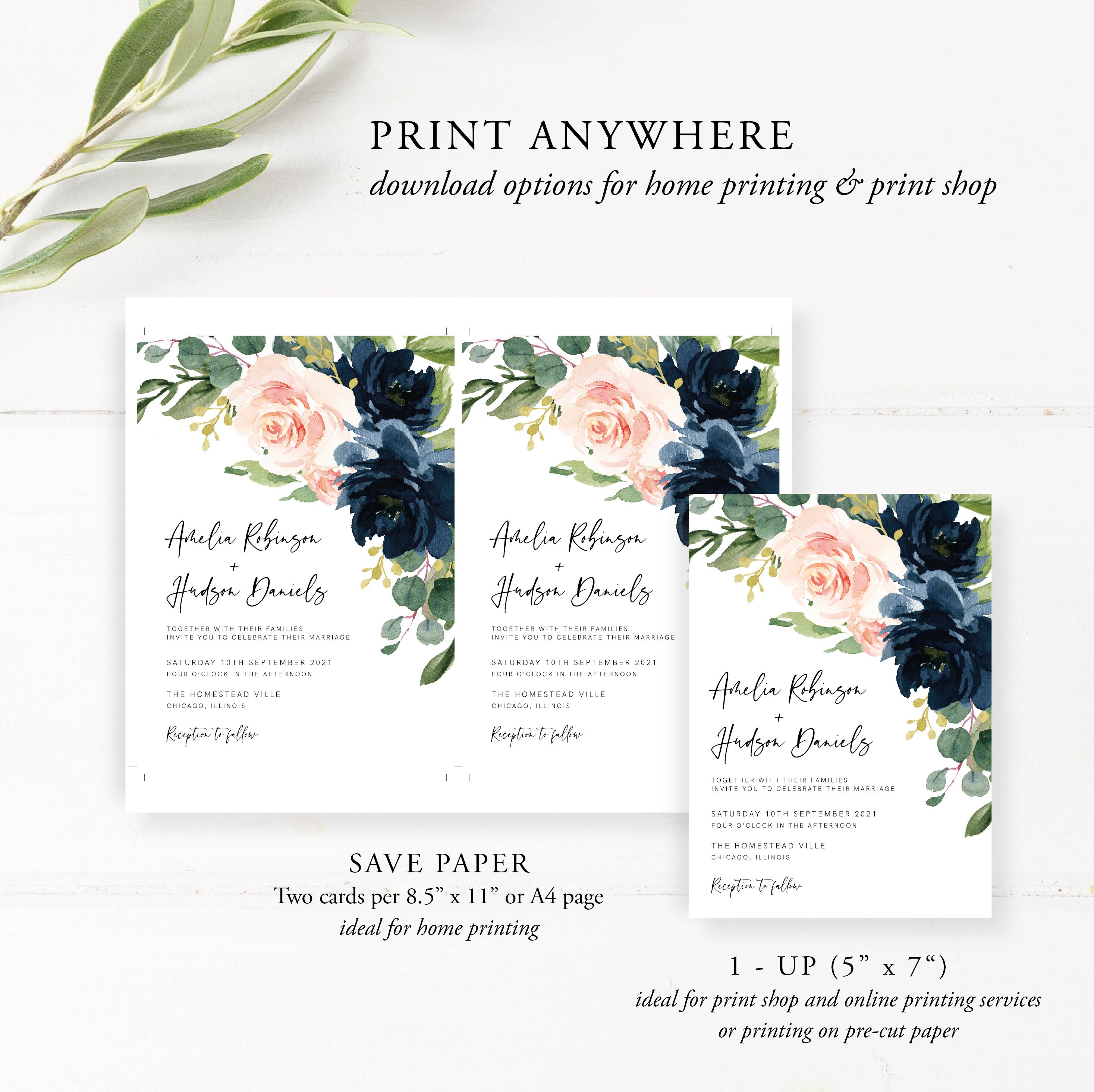 Wedding Invitation Template Navy and Blush Pink Floral Pink - Etsy