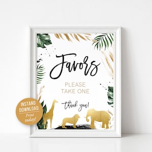 Safari Baby Shower Favors Sign, 8x10, Gold, Jungle, Safari Animals, Lion, Elephant, Giraffe, Instant Download