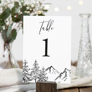 Numeri da tavolo in stile Mountain, numeri da tavolo per matrimonio stampabili in pino di montagna, stile Woodland, rustico, modello modificabile, download immediato, Templett